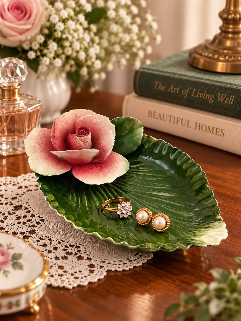 Vintage Capodimonte Italy Porcelain Pink Rose Green Leaf Trinket Jewelry Dish